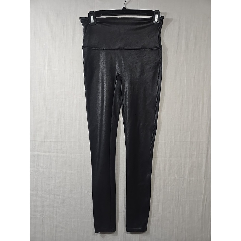 SPANX Faux Leather Leggings Solid Black Women's Size L Stretch Mid Rise‎